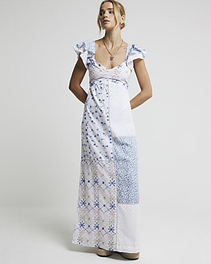 Cream floral patchwork embroidered maxi dress
