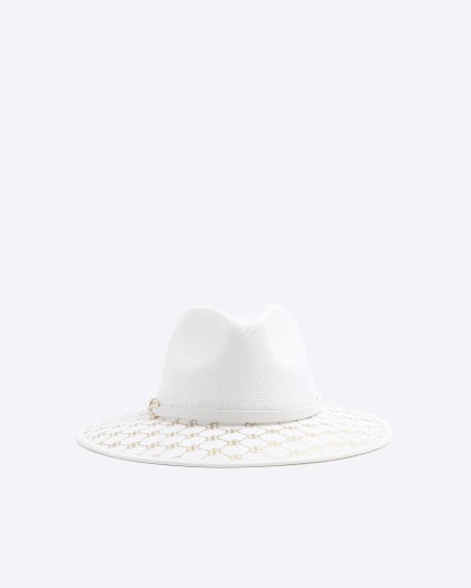 White monogram straw fedora hat