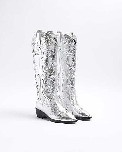 Silver western high boots