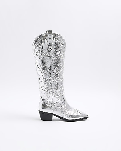 Silver western knee high boots