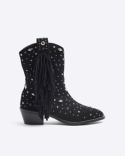 Black Suede Fringe Embellished Western Boot