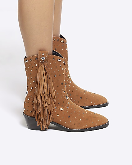 Brown Suede Fringe Embellished Western Boots