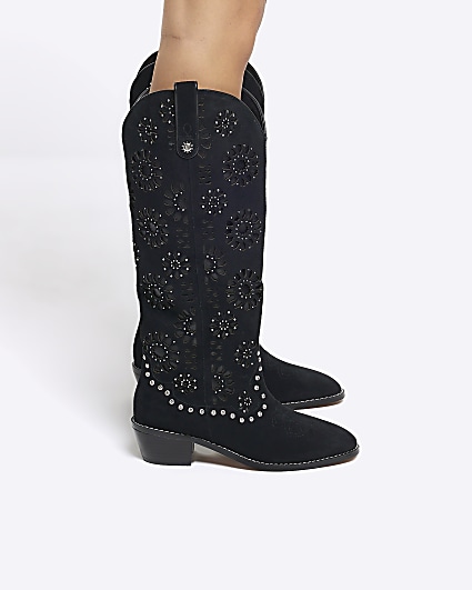 Black Suede High Leg Cut Out Western Boot