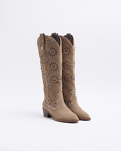 Beige Suede High Leg Cut Out Western Boot