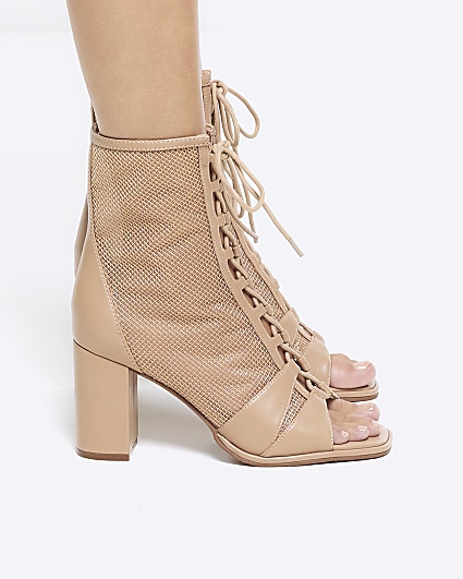 Beige mesh lace up shoe boots