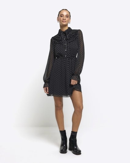 Black spot frill mini shirt dress