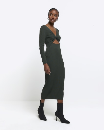 Khaki rib knot bodycon midi dress