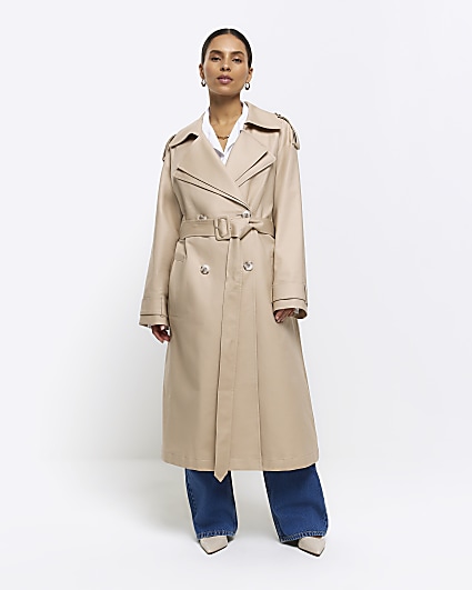 Petite beige double collar belted trench coat
