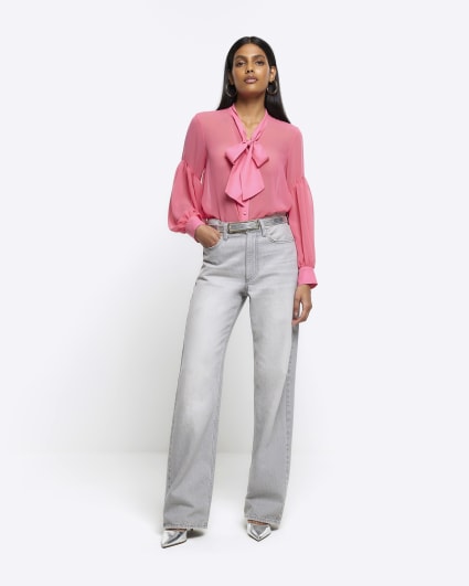 Pink front tie long sleeve shirt