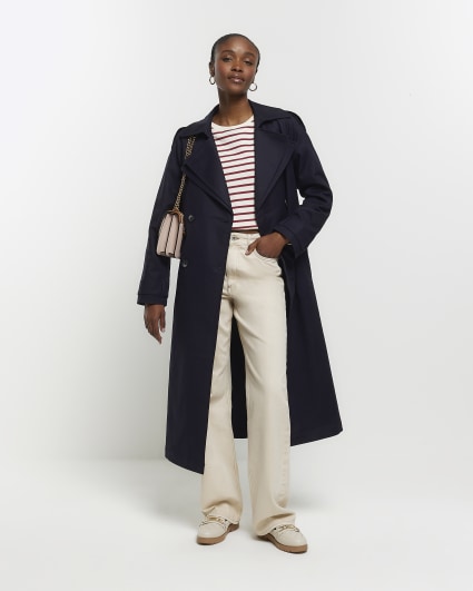 Navy double collar belted trench coat