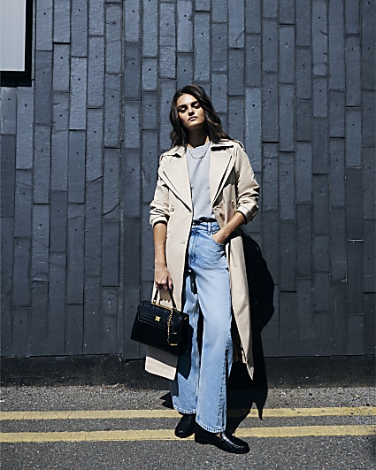 Beige Double Collar Belted Trench Coat