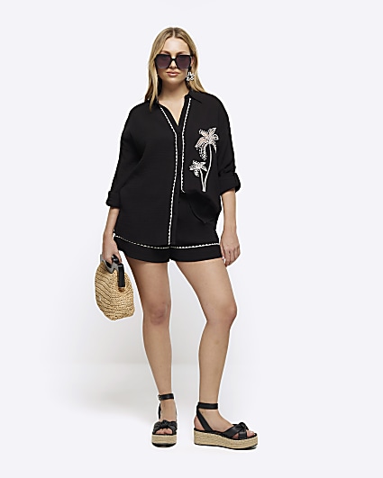 Black embroidered palm tree shirt