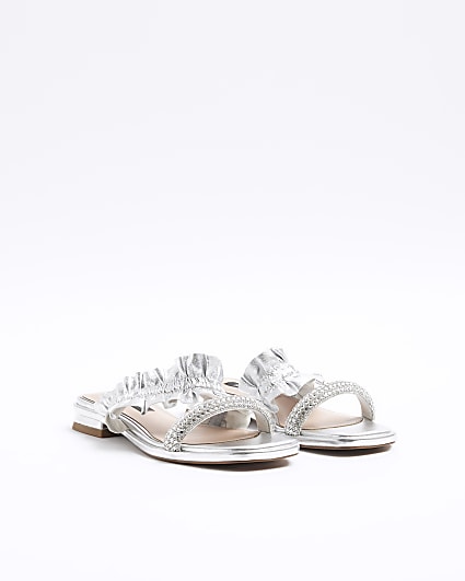 Silver leather ruffle strap sandals