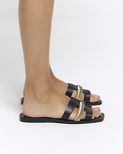 Black wide fit leather flat sandals
