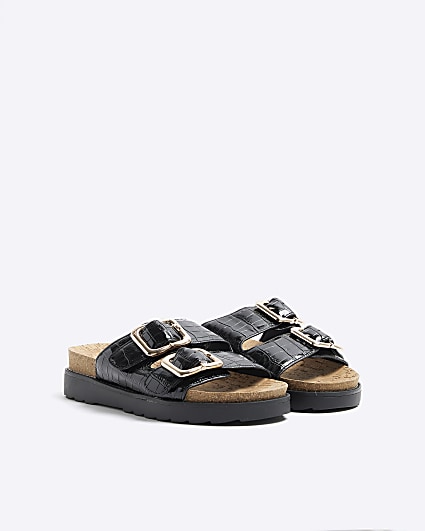 Black Wide Fit Double Buckle Sandal