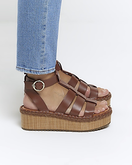 Brown wide fit gladiator flatform sandals