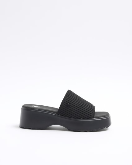 Black wide fit knit flatform sandals