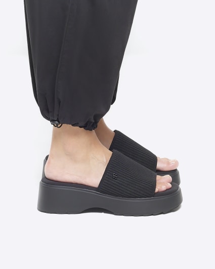 Black wide fit knit flatform sandals