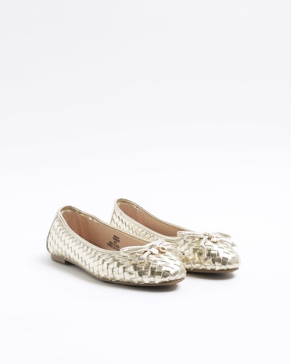 Gold weave bow ballet pumps