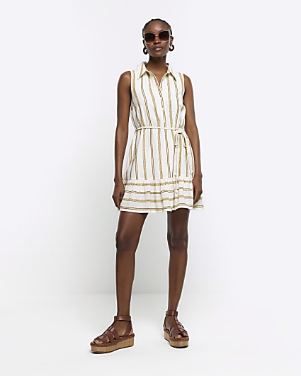 Yellow stripe belted mini shirt dress