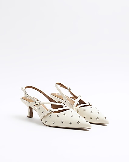 White eyelet strappy heeled court shoes