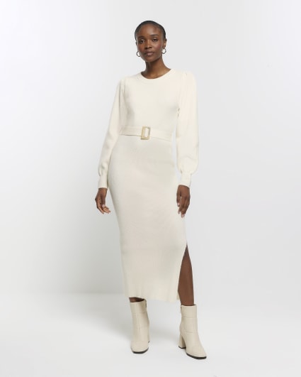 Cream knit belted jumper midi dress