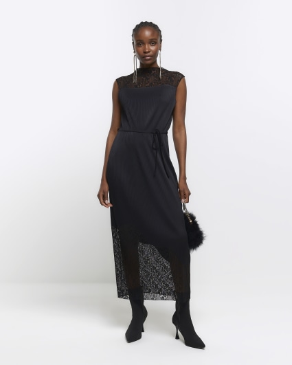 Black plisse lace slip midi dress