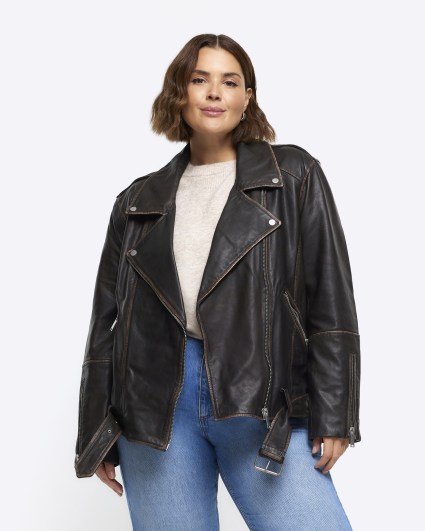 Plus brown leather oversized biker jacket