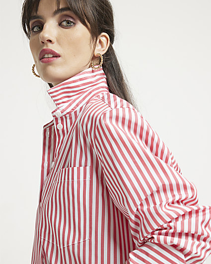 Red poplin stripe oversized shirt