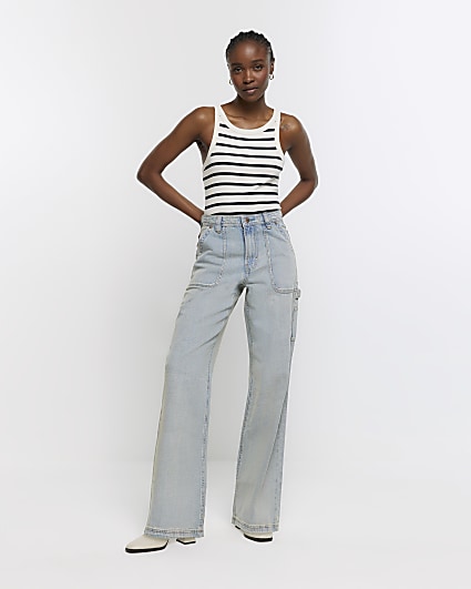 Blue high waisted wide fit cargo jeans