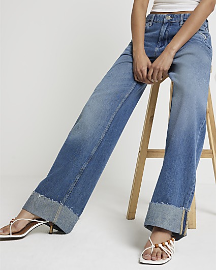 Blue mid rise loose baggy jeans
