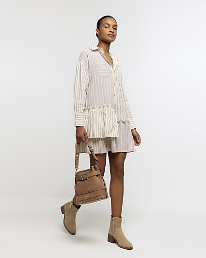 Beige linen blend stripe mini shirt dress