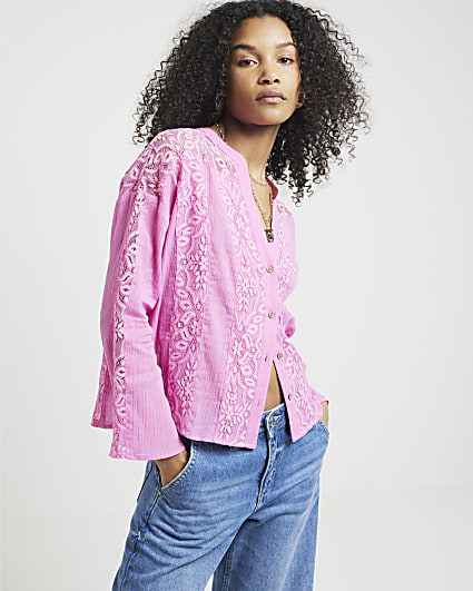 Pink lace button up blouse