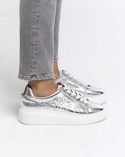 Silver laser cut flatform trainers