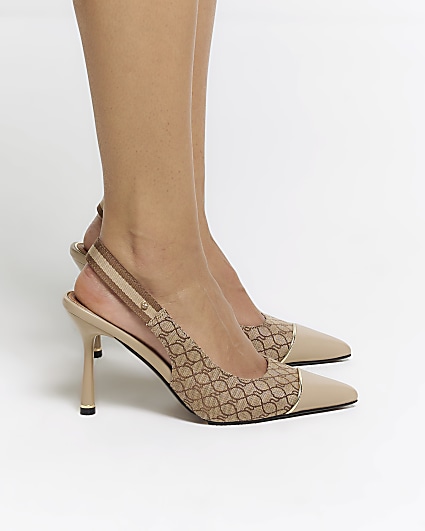 Beige wide fit monogram heeled court shoes