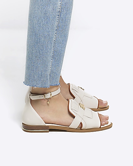 Cream wide fit peep toe flat sandals