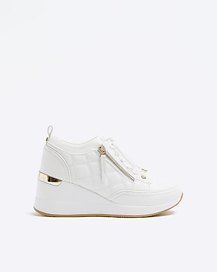 White Wide Fit Quilted Zip Wedge Trainer