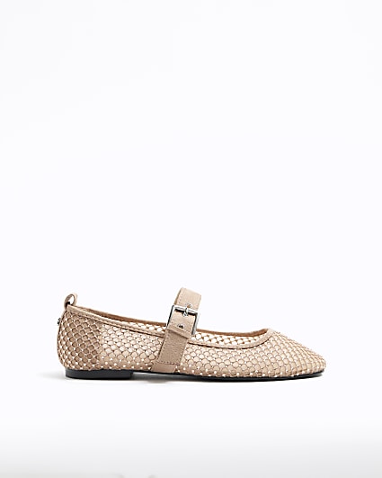 Beige mesh studded mary jane ballet pumps