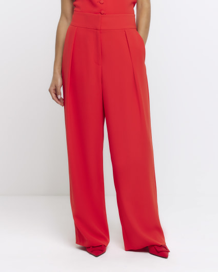 Petite red pleated wide leg trousers