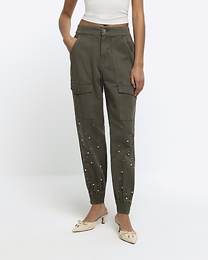 Khaki embellished cuffed cargo trousers