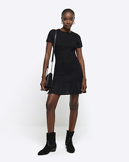 River Island satin jacquard tie waist mini shirt dress in black