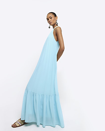 Blue pleated halter neck slip maxi dress