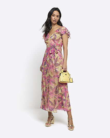 Pink floral frill sleeve swing midi dress