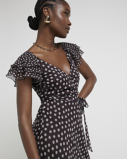 Brown chiffon spot belted swing maxi dress