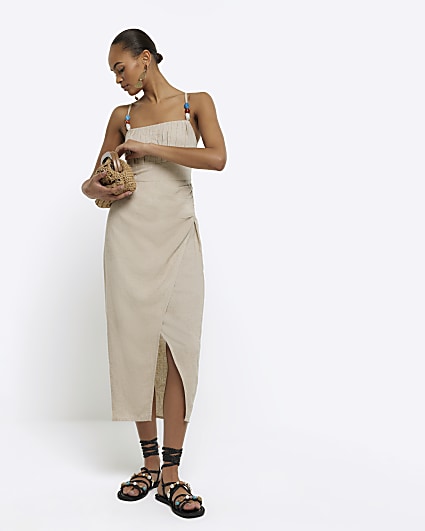 Beige linen blend beaded slip midi dress