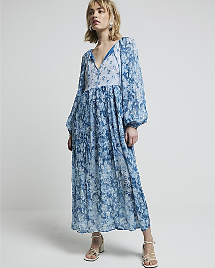 Blue floral glitter detail smock maxi dress