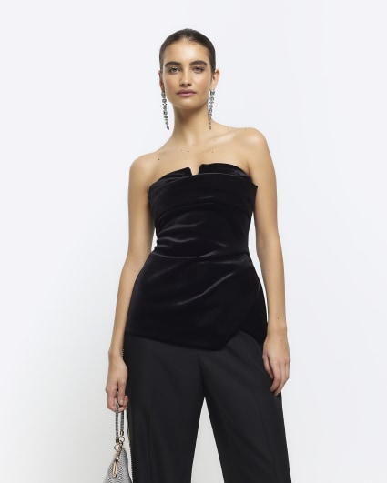 Black velvet ruched bandeau top