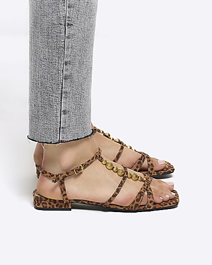 Brown animal print beaded flat sandals