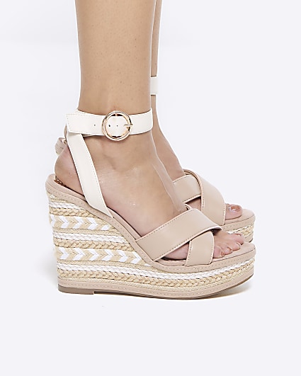 White crossed wedge espadrille sandals