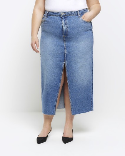 Plus blue split hem denim midi skirt